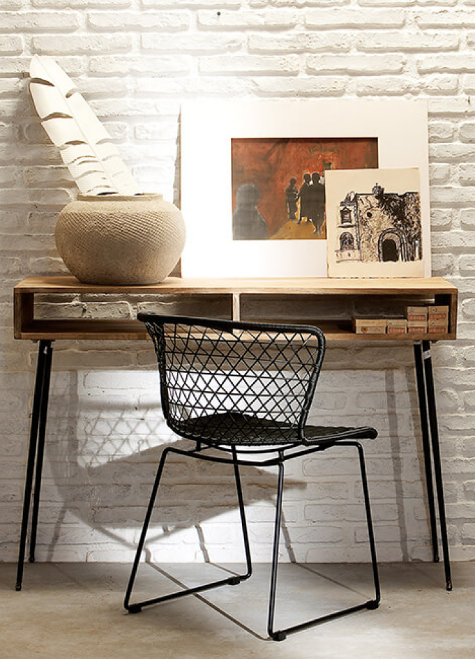 Rustic desk setup with decor items